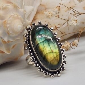 Boho Silver Ring Impressive Large Natural Labradorite Stone 925 Silver